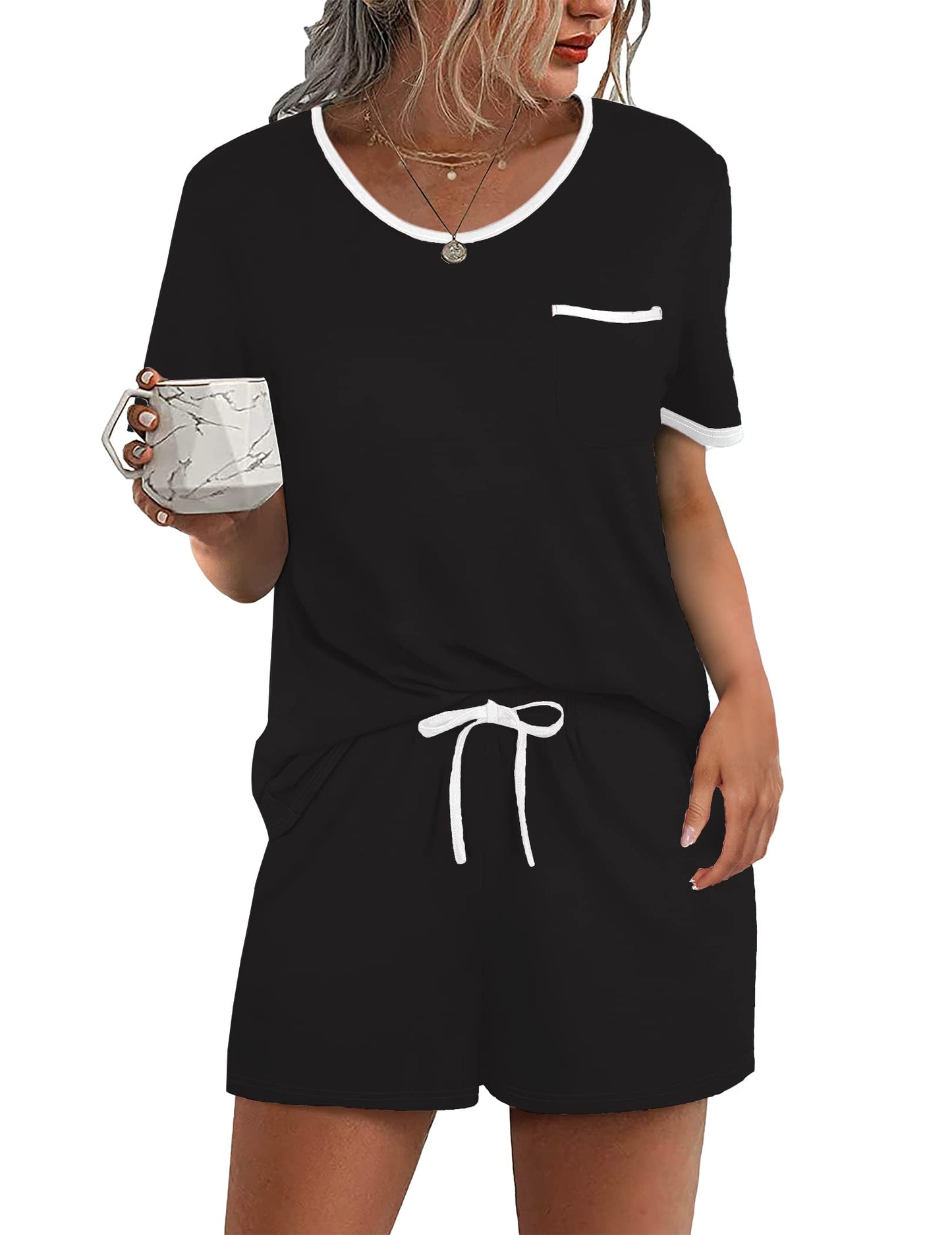 Pajama Set for 2 Piece Lounge Set Short Sleeve Tops and Shorts Soft Sleepwear, Chest Pocket