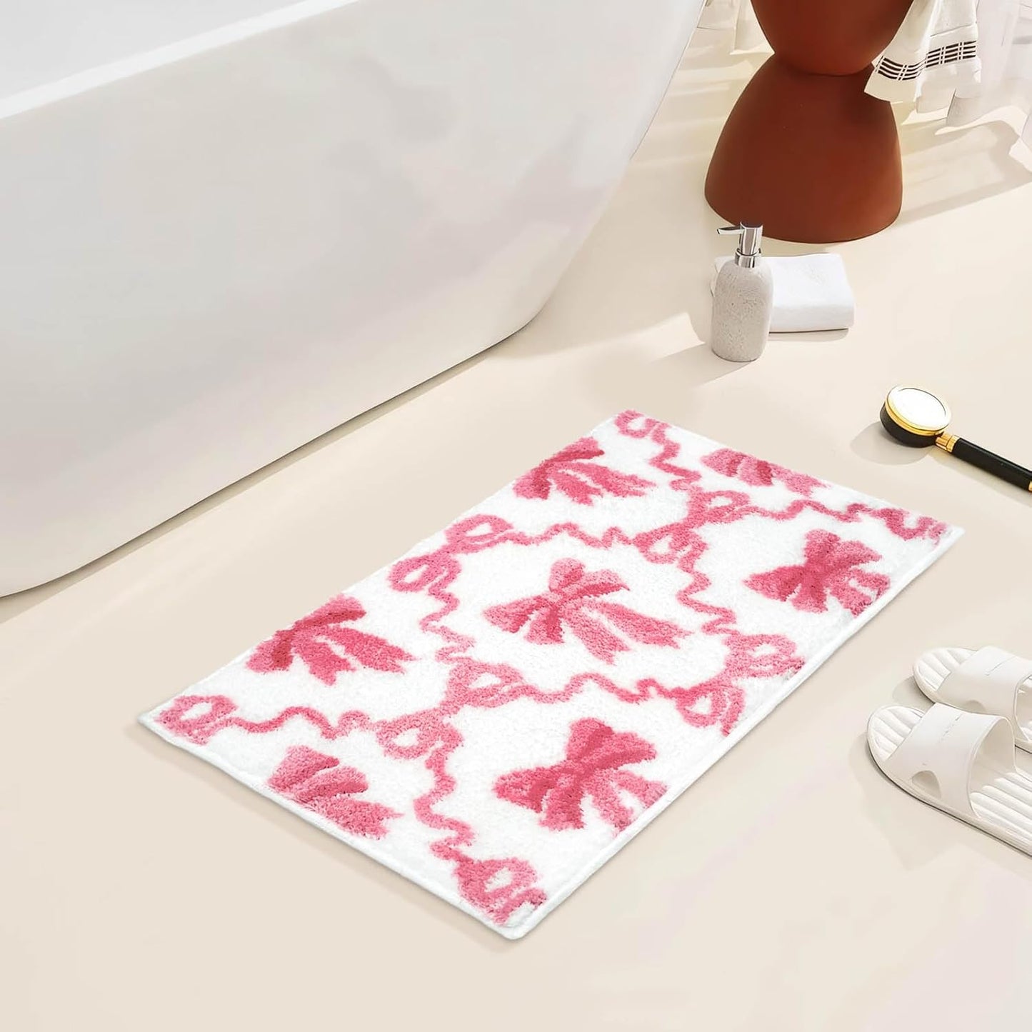 Cute Pink Bow Bathroom Rugs Coquette Bath Mat for Bathroom | Non Slip Absorbent Bow Bath Mat Washable 20x32 inch