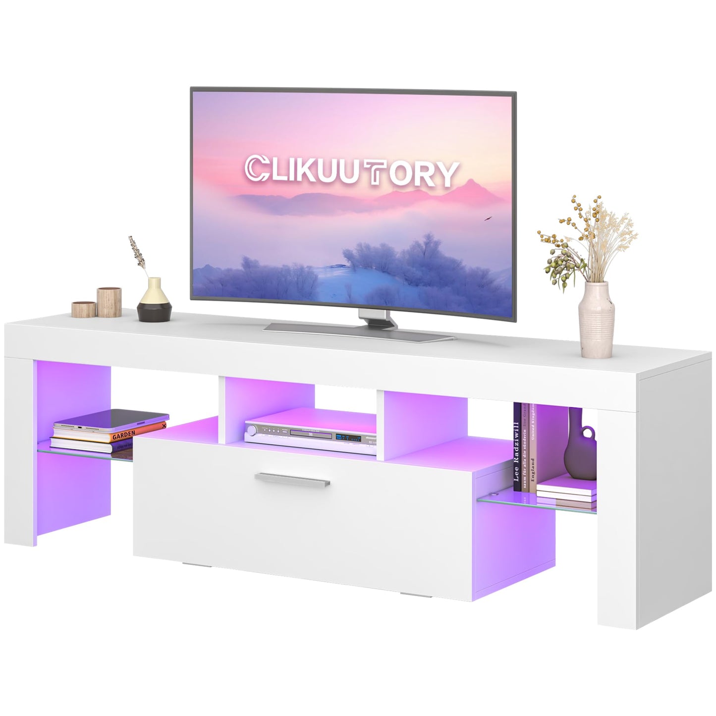 LED TV Stand with Large Storage Drawer -  Modern High Gloss TV Console Table with Entertainment Center