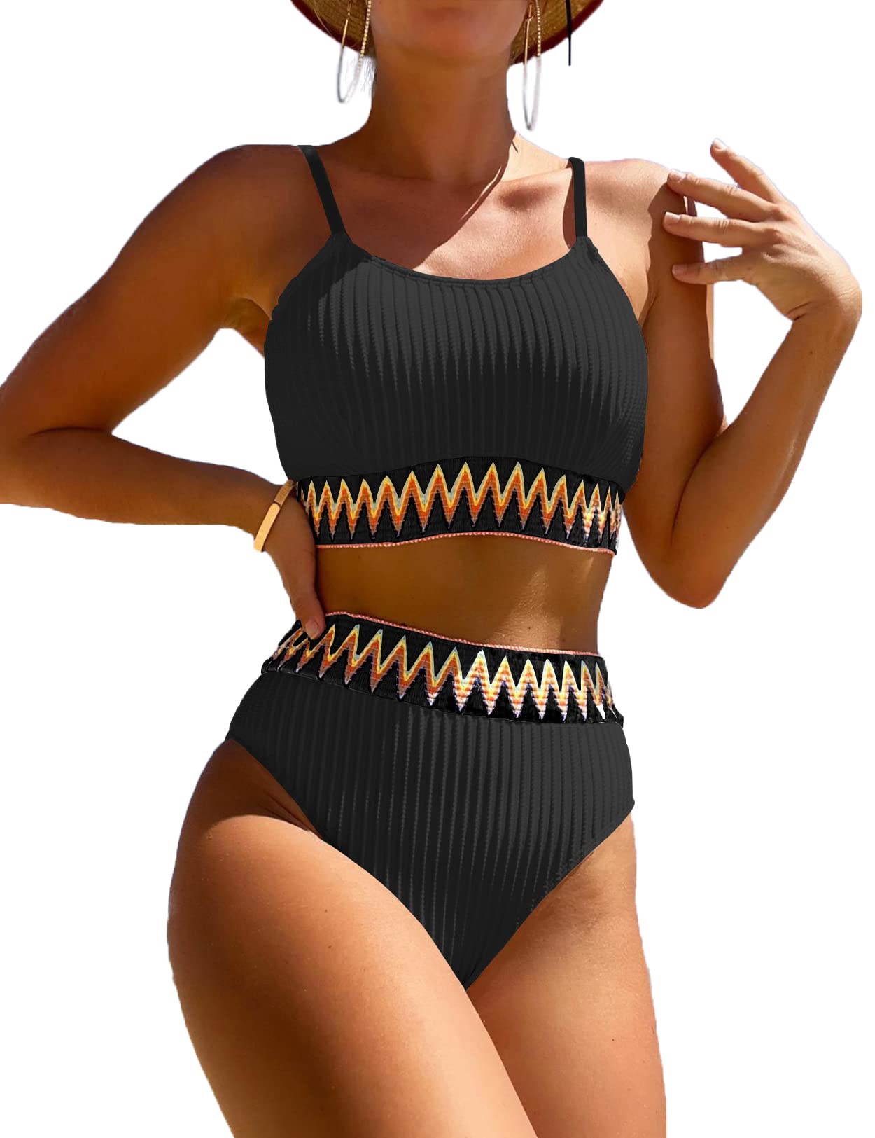 Women's High Waisted Swimsuit Two Piece Ribbed Bikini Sets Crop Top High Cut Cheeky Bathing Suits