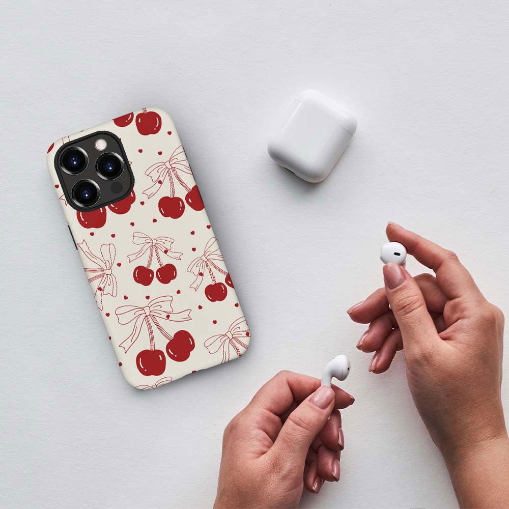 Red Cherry Bows Hybrid 2 Layer Hard Shell Silicone Protective Pattern Design for iPhone Case