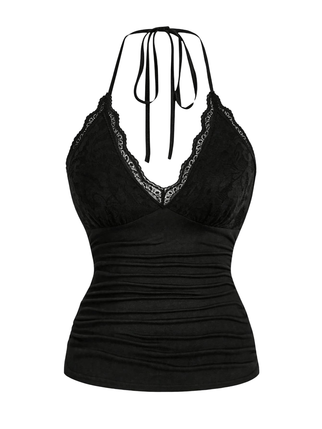 Women's Halter Top Y2K Lace V Neck Ruched Low Cut