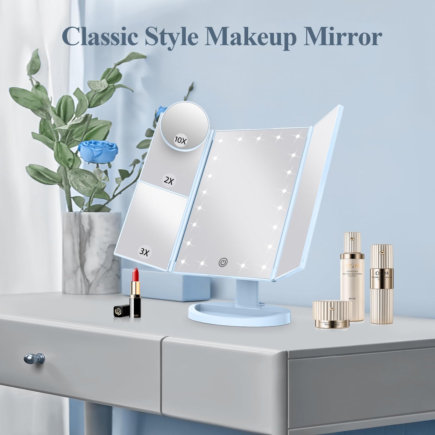 Makeup Mirror Vanity with Lights, 2X 3X 10X Magnification, Lighted Mirror, Touch Control, Trifold Dual Power Supply, Portable LED