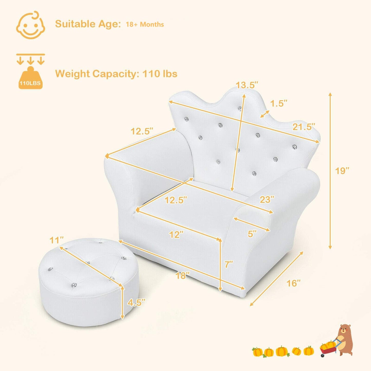 Children Upholstered Sofa with Ottoman, Princess Sofa with Diamond Decoration