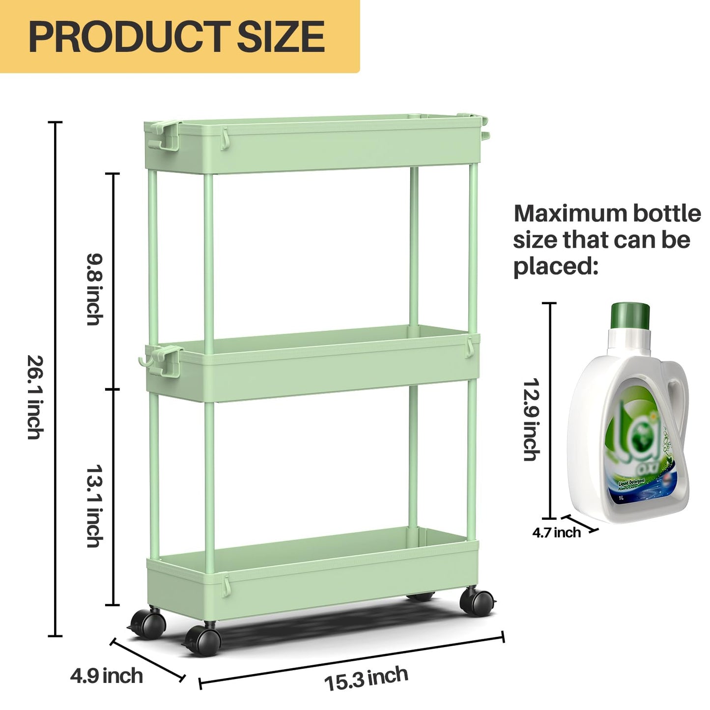 Slim Rolling Storage Cart, 3 Tier Bathroom Organizer