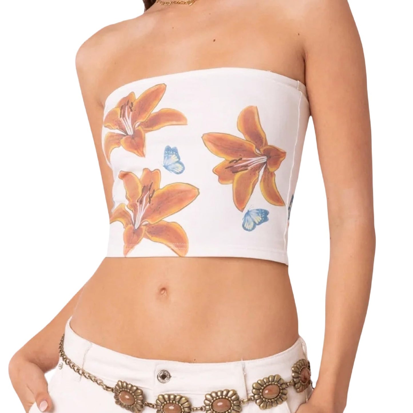 Women Y2k Floral Tube Tops Flower Print Strapless Sleeveless Bandeau Tops