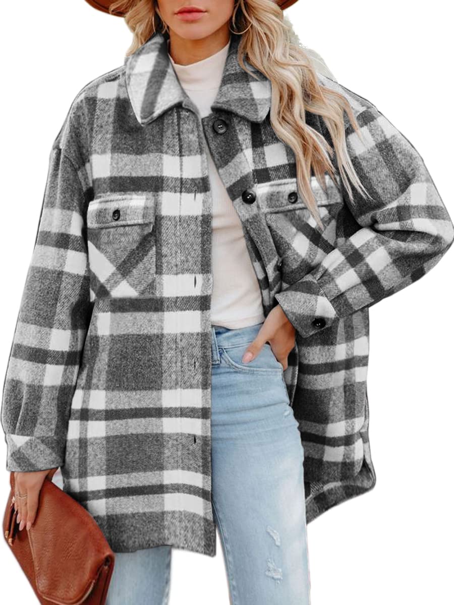 Women's Casual Flannel Plaid Shacket Button Down Long Sleeve Shirt Jacket Coats with Pockets