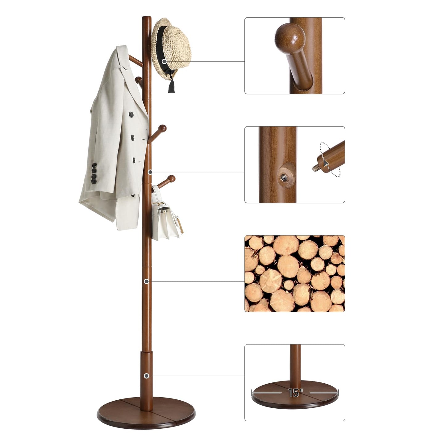 Solid Wood Coat Rack – Free-Standing Tree with 8 Hooks, Adjustable Height for Coats, Hats, and Bags