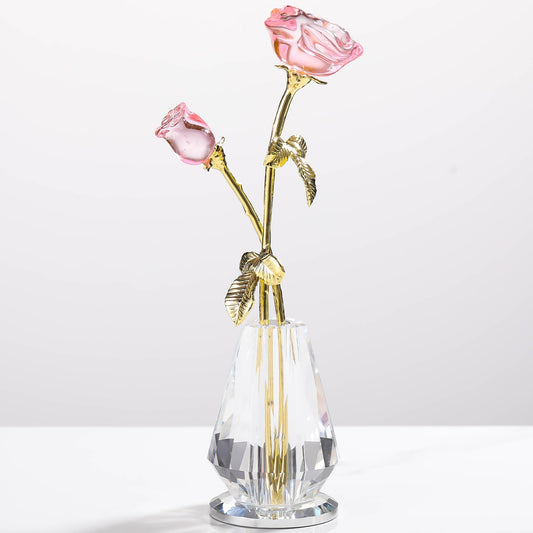 Crystal Rose Flowers Figurines Home Decor, Glass Roses with Stems