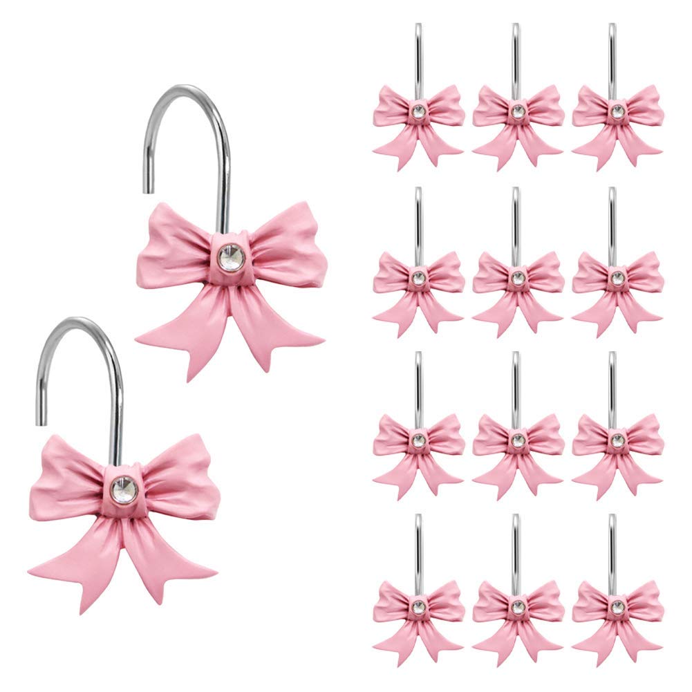 Pink Bow Knot Resin Curtain Hooks Shower Rings for Bathroom 12 PCS