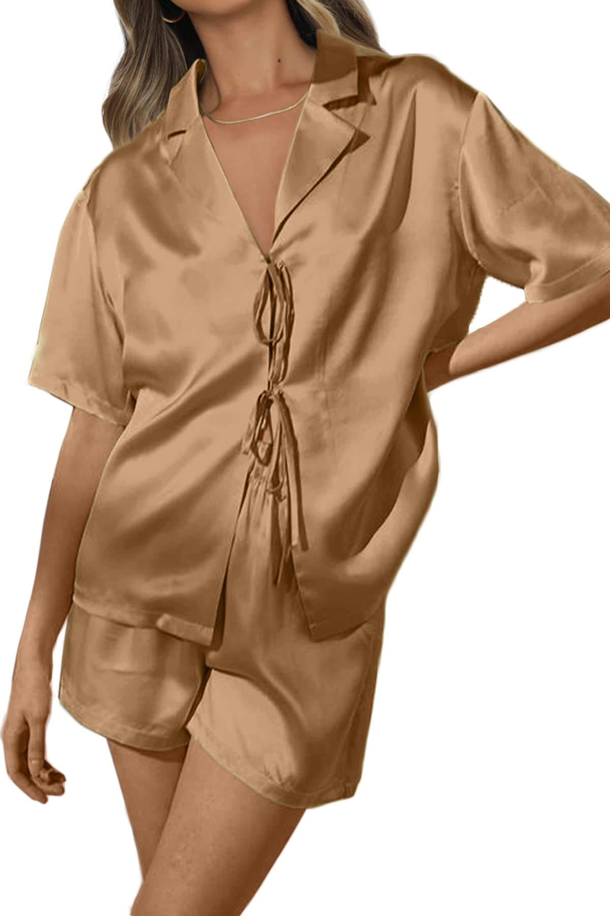 Women's Silk Satin Pajamas Sets Tie Front Short Sleeve Tops and Shorts Two Piece Pj Sets Sleepwear