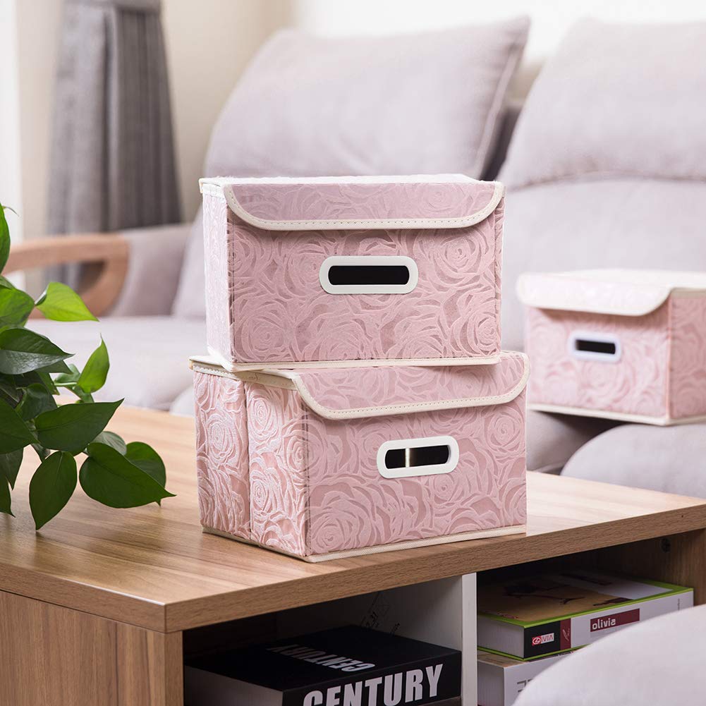 Larger Collapsible Storage Bin with Lid Fabric Decorative Storage Box Cube Organizer Container Baskes with Handles Divider for Bedroom Closet Living Room Pink 17.7x11.8x11.8 Inch