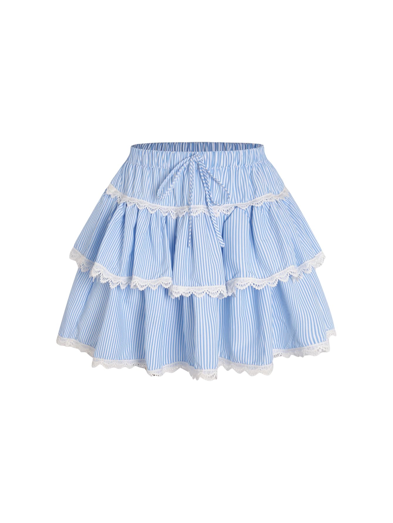 Women's Coquette Striped Lace Trim Ruffle Skirt Bow Tie A Line Layered Mini Skirt