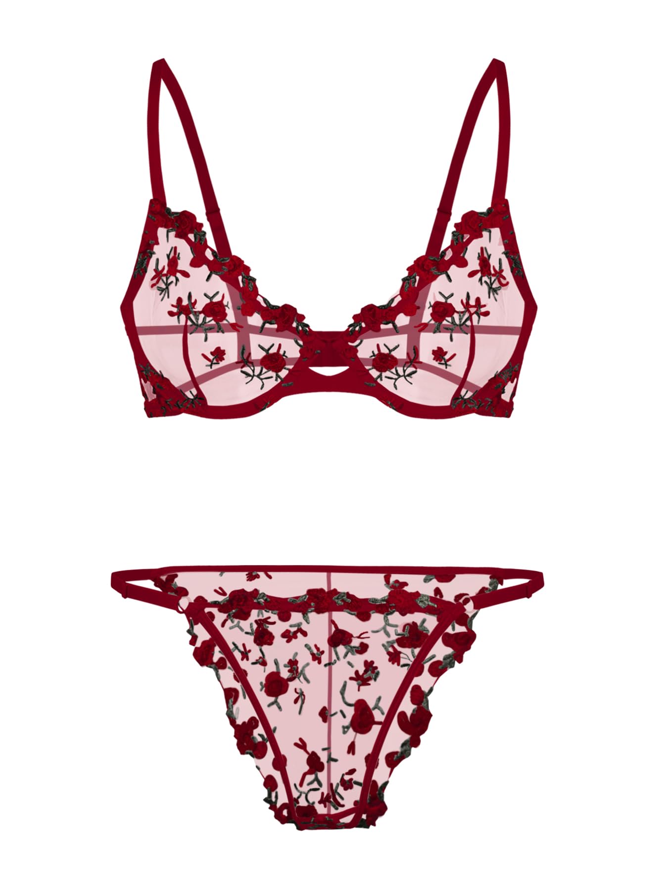 Sexy Floral Embroidered Mesh Sheer Underwire Lingerie Set