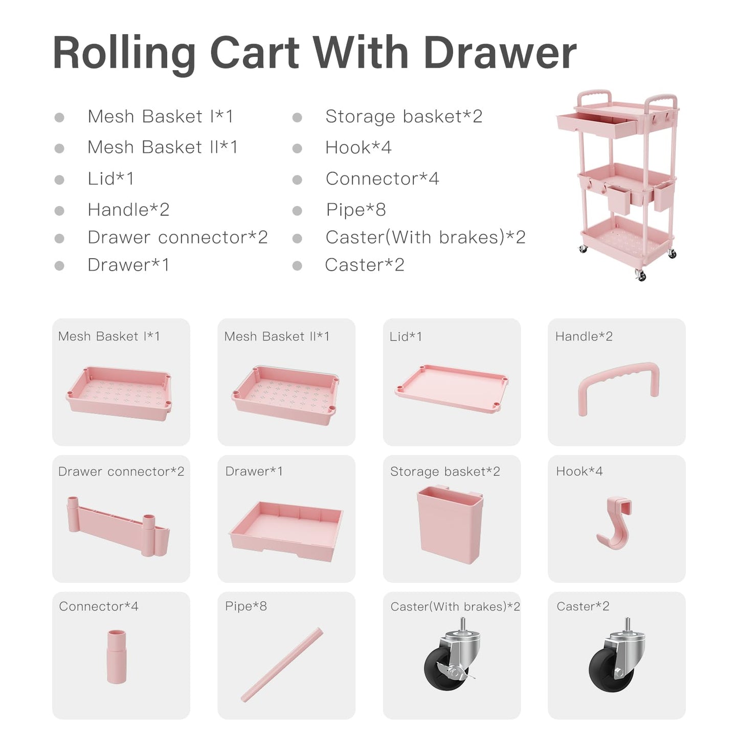 Rolling Utility Cart with Drawer,Storage Cart with Iron Wheels