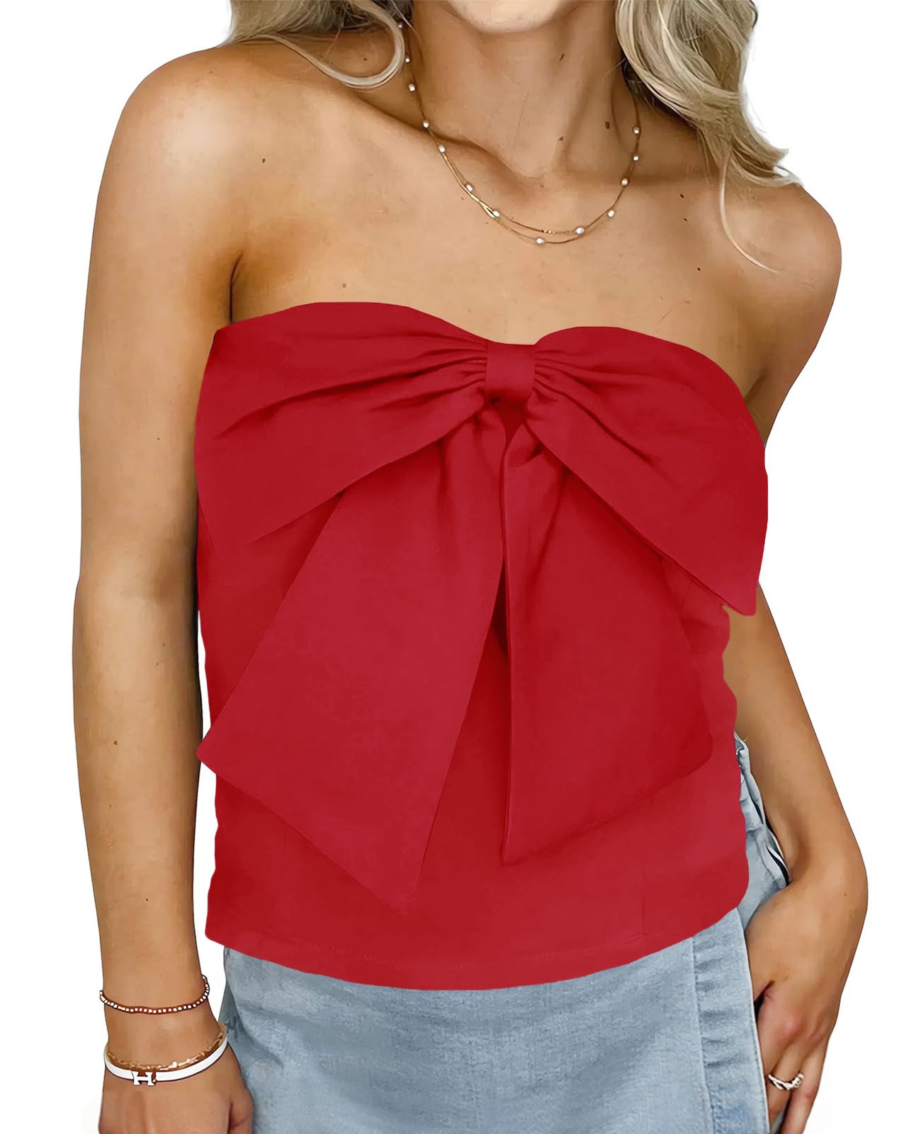 Cute Bow Strapless Tube Top - Cropped Fitted Y2K Bandeau Tank Tops Backless Corset Shirts