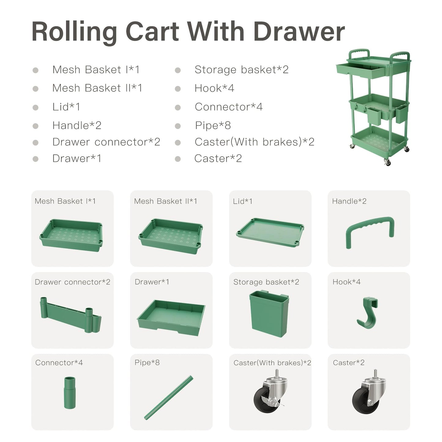 Rolling Utility Cart with Drawer,Storage Cart with Iron Wheels