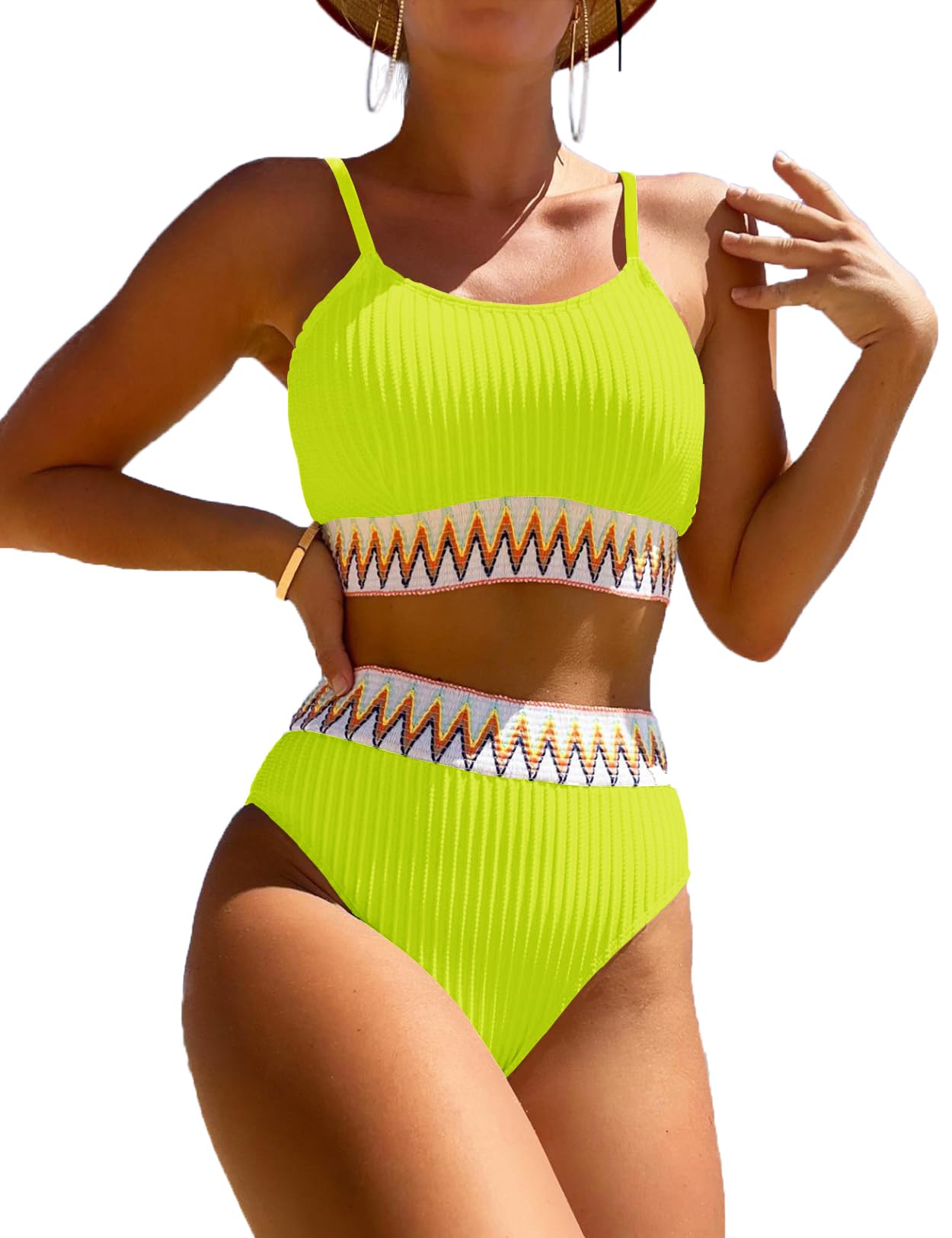 Women's High Waisted Swimsuit Two Piece Ribbed Bikini Sets Crop Top High Cut Cheeky Bathing Suits