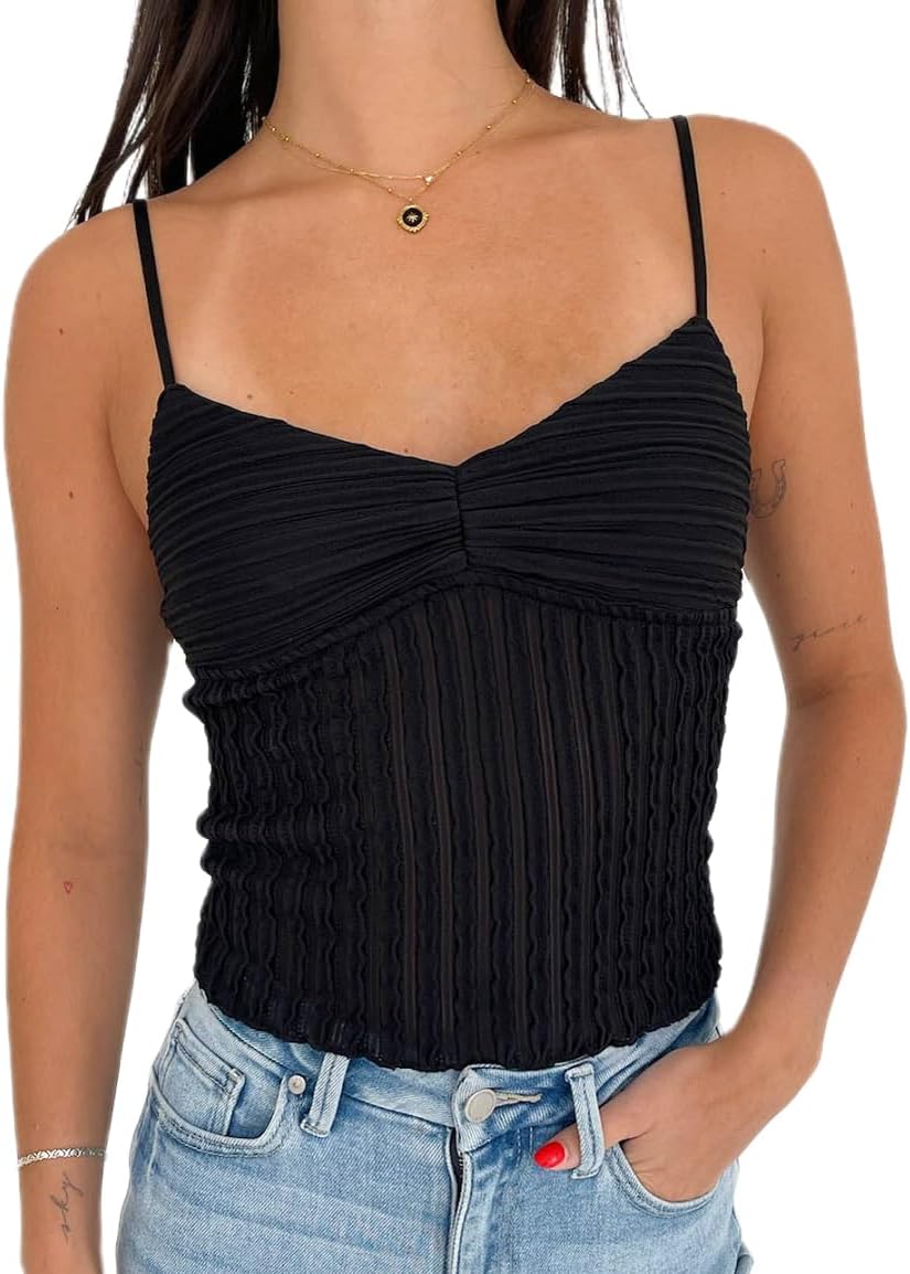 Women Y2k Crop Tank Top Low Cut Sleeveless Cami Top Sexy V Neck Spaghetti Strap Camisoles