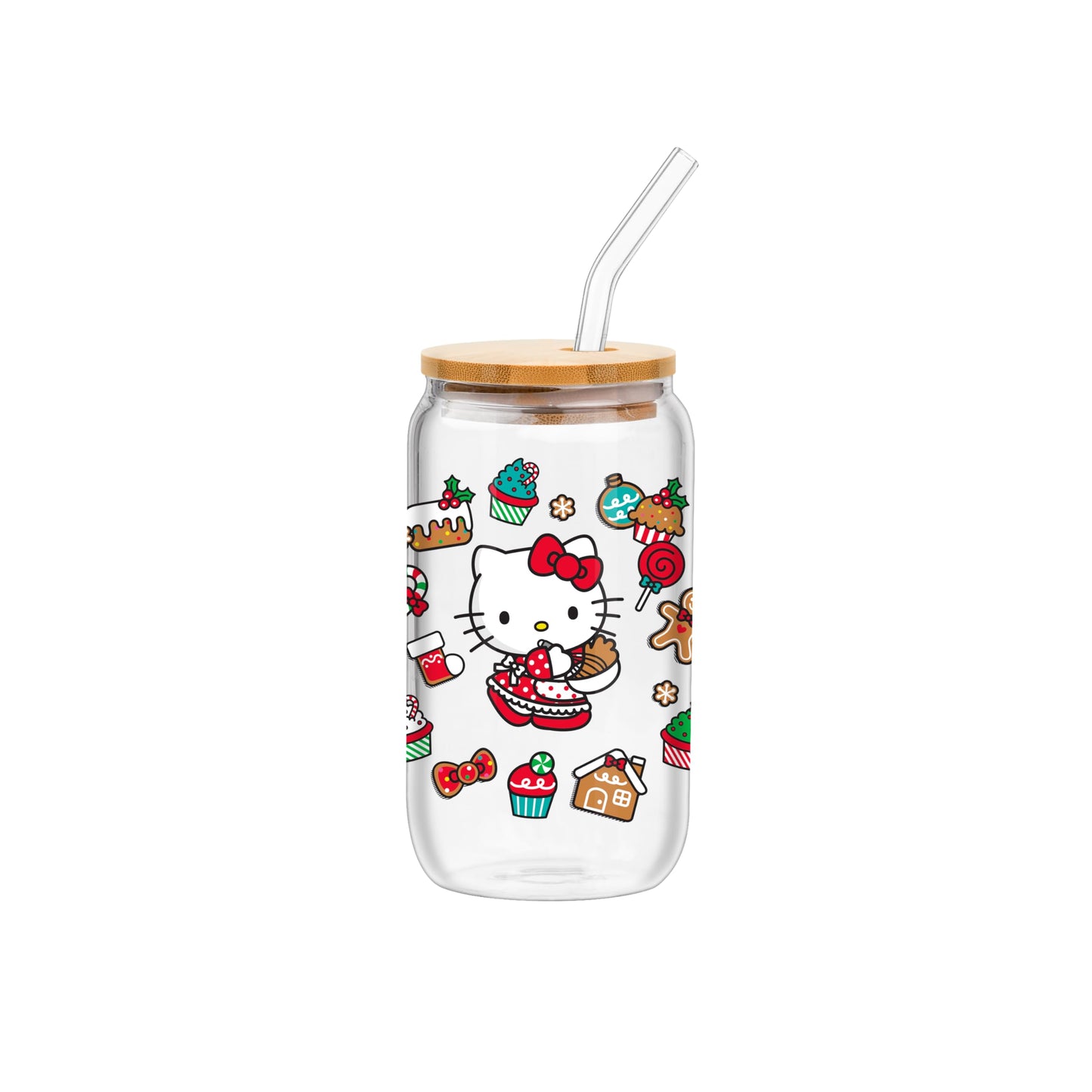 Sanrio Glass Jar Tumbler with Bamboo Lid and Glass Straw, 16 Ounces