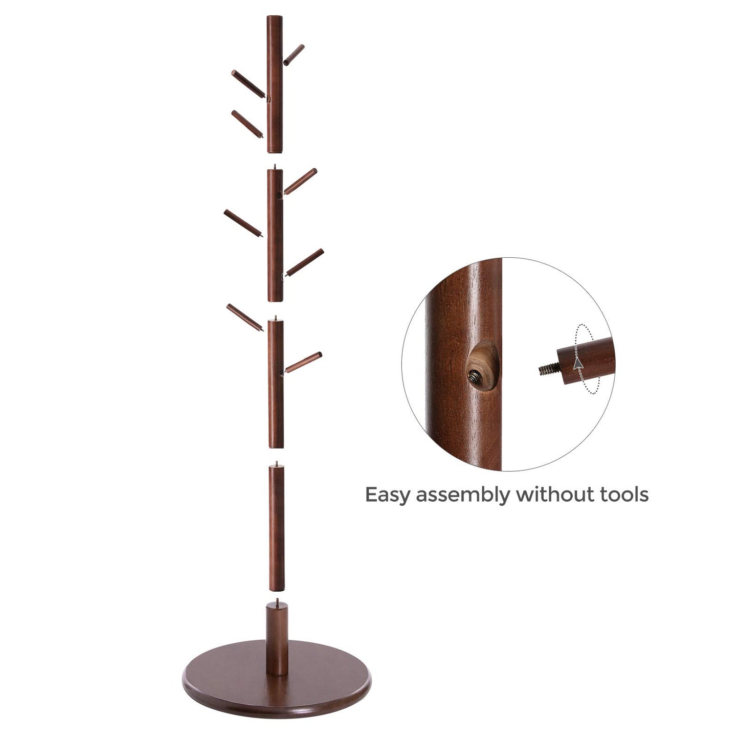 Solid Wood Coat Rack – Free-Standing Tree with 8 Hooks, Adjustable Height for Coats, Hats, and Bags