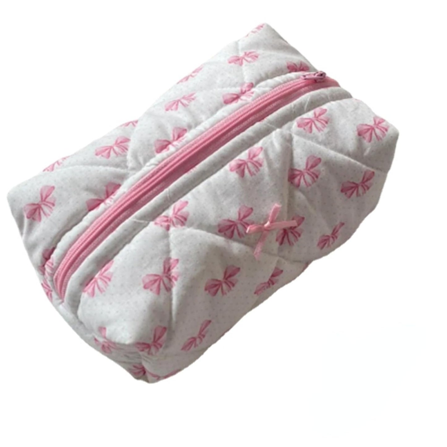 Coquette Y2K Quilted Bow Makeup Bag – Small Preppy Floral Heart Cosmetic Pouch and Toiletry Organizer