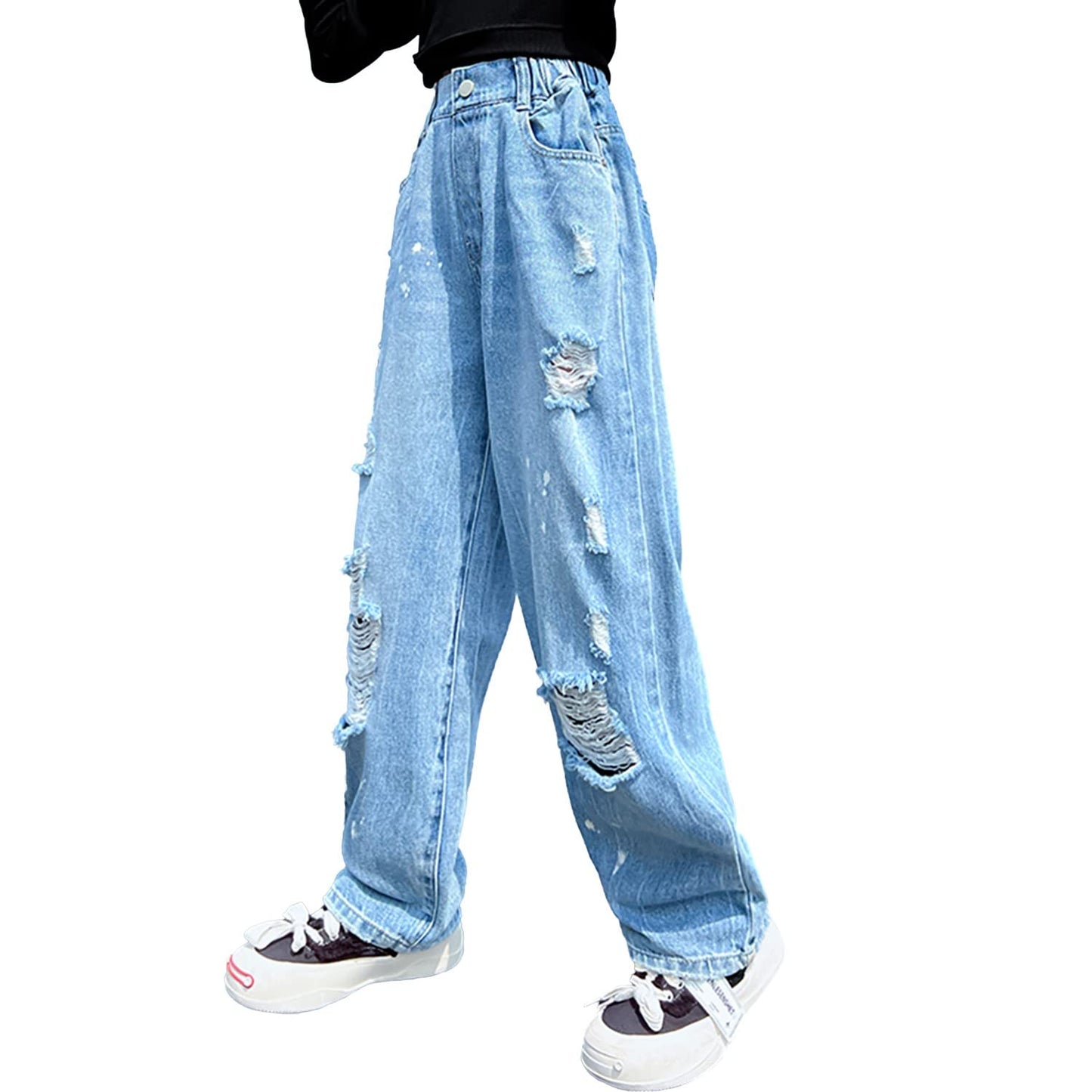 Girls Jeans Denim Elastic Wasit Wide Leg Baggy Pants