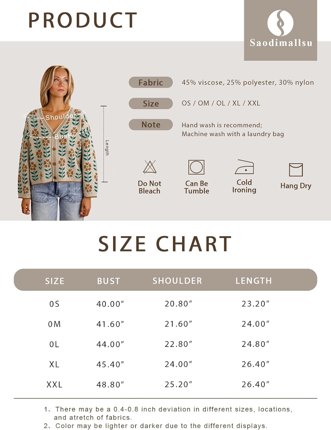 Womens Floral Print V Neck Cardigan - Loose Open Front Button Down Knit Sweater Long Sleeve