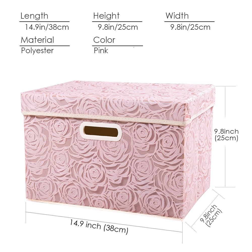 Larger Collapsible Storage Bin with Lid Fabric Decorative Storage Box Cube Organizer Container Baskes with Handles Divider for Bedroom Closet Living Room Pink 17.7x11.8x11.8 Inch