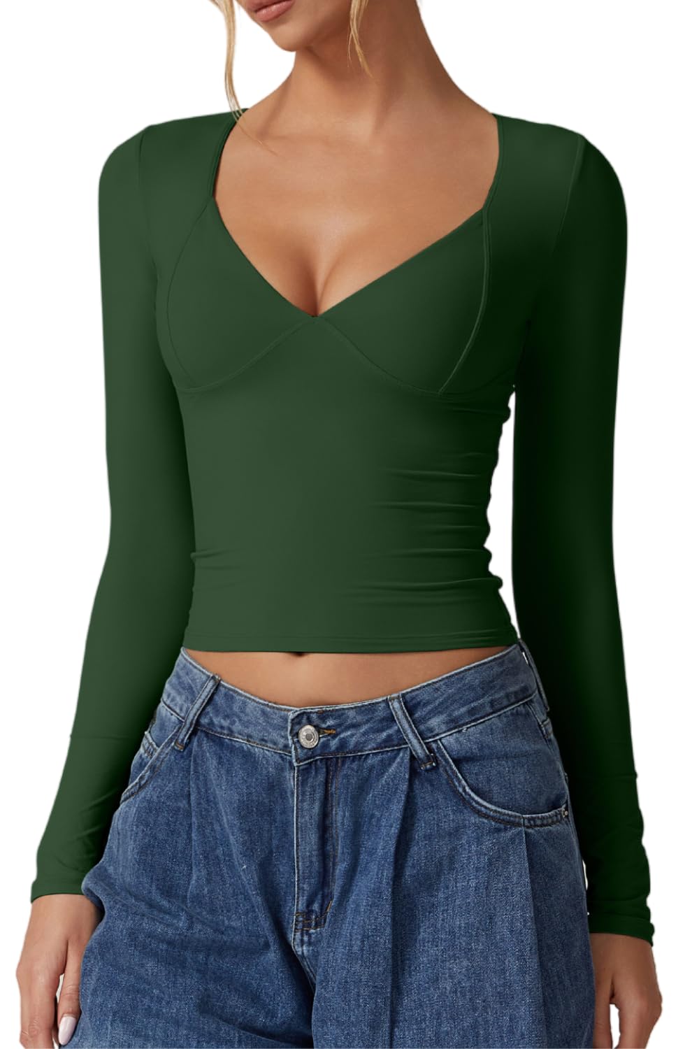 Women's Long Sleeve V Neck T Shirts - Double Lined Crop Top Seamed Cup