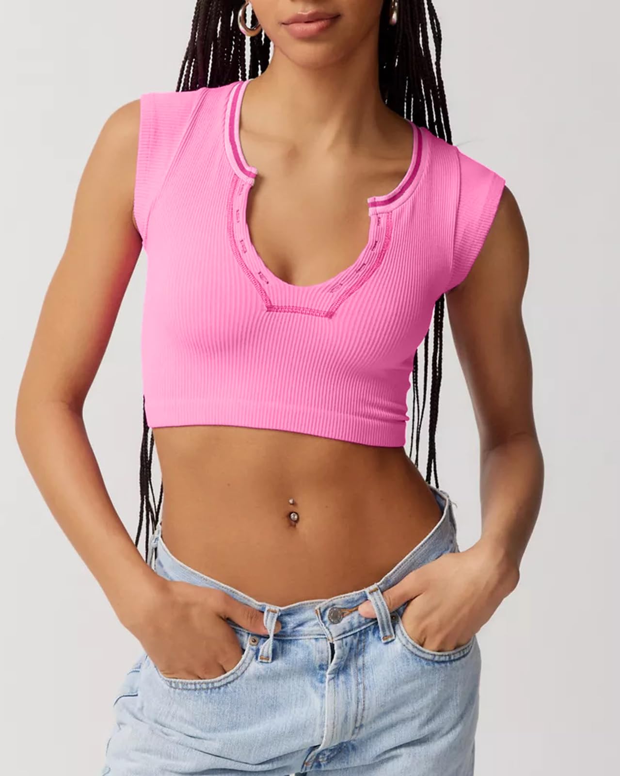 Crop Top Crew Neck T-Shirt Short Sleeve - Ribbed Knit Basic Crop Tank Top