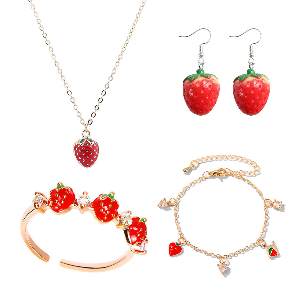 Fruit Jewelry Set - Necklace, Earrings, Ring, Bracelet; Cute Food Fruit Charm Jewelry for Woman