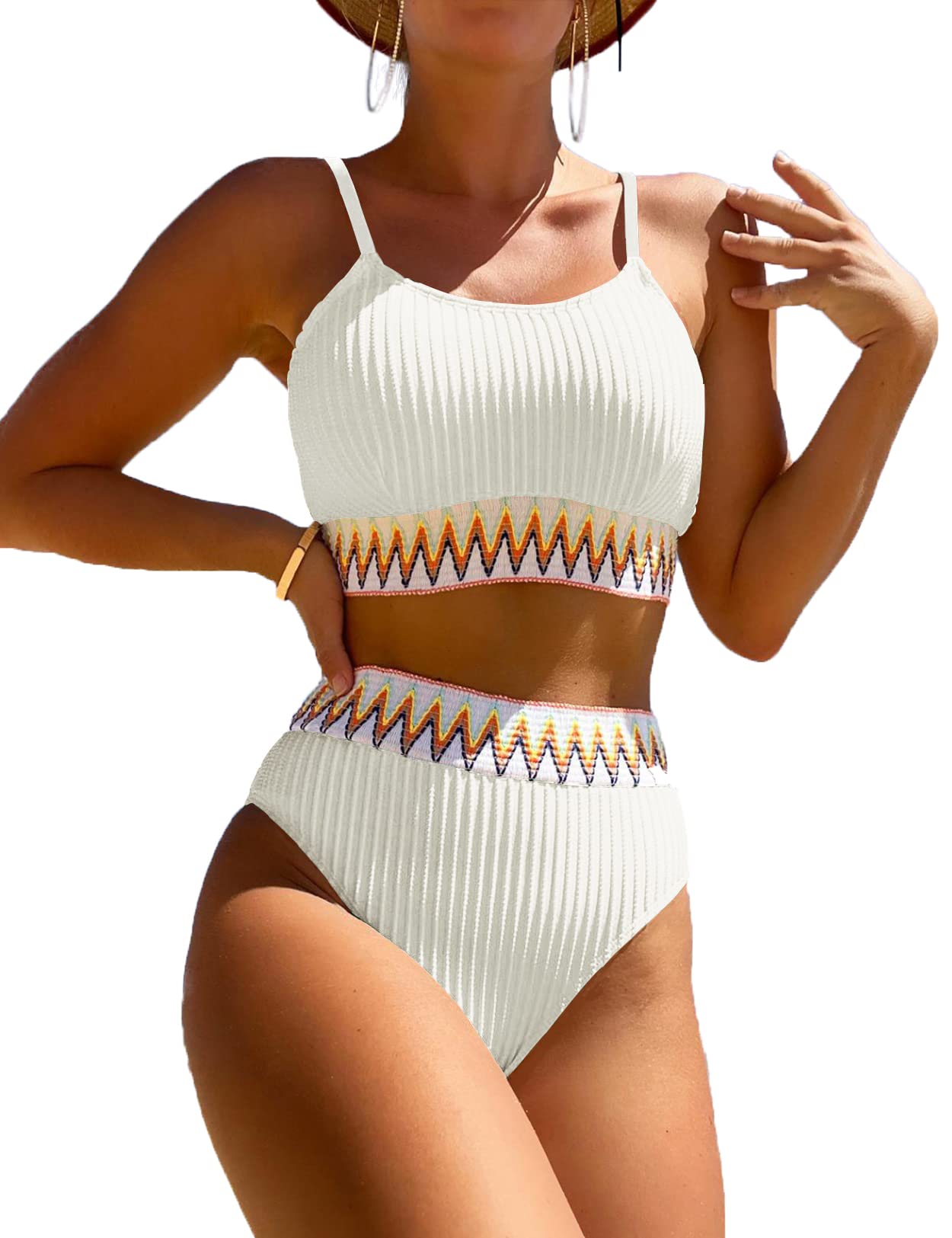 Women's High Waisted Swimsuit Two Piece Ribbed Bikini Sets Crop Top High Cut Cheeky Bathing Suits