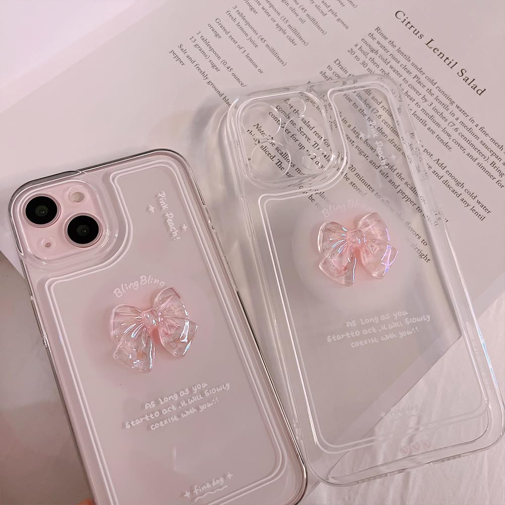 Cute 3D Pink Bowknot Slim Clear Aesthetic Design Protection Phone Cases Cover Compatible for iPhone 13