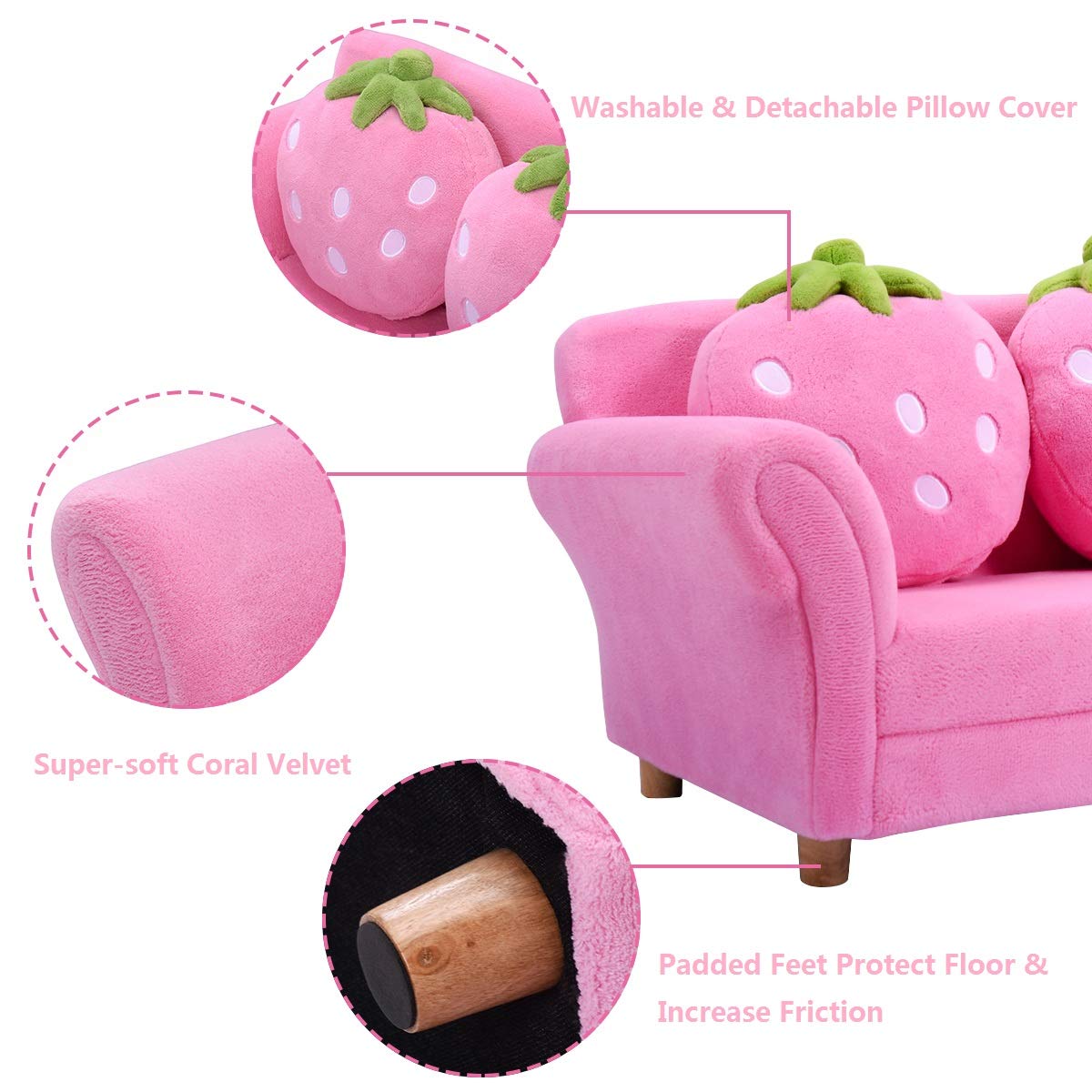 Pink Double Seat Children's Sofa with Strawberry Pillows, Soft Toddler Armchair for Bedroom & Living Room