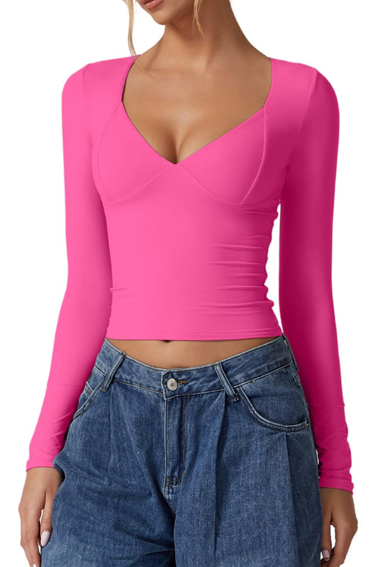 Women's Long Sleeve V Neck T Shirts - Double Lined Crop Top Seamed Cup