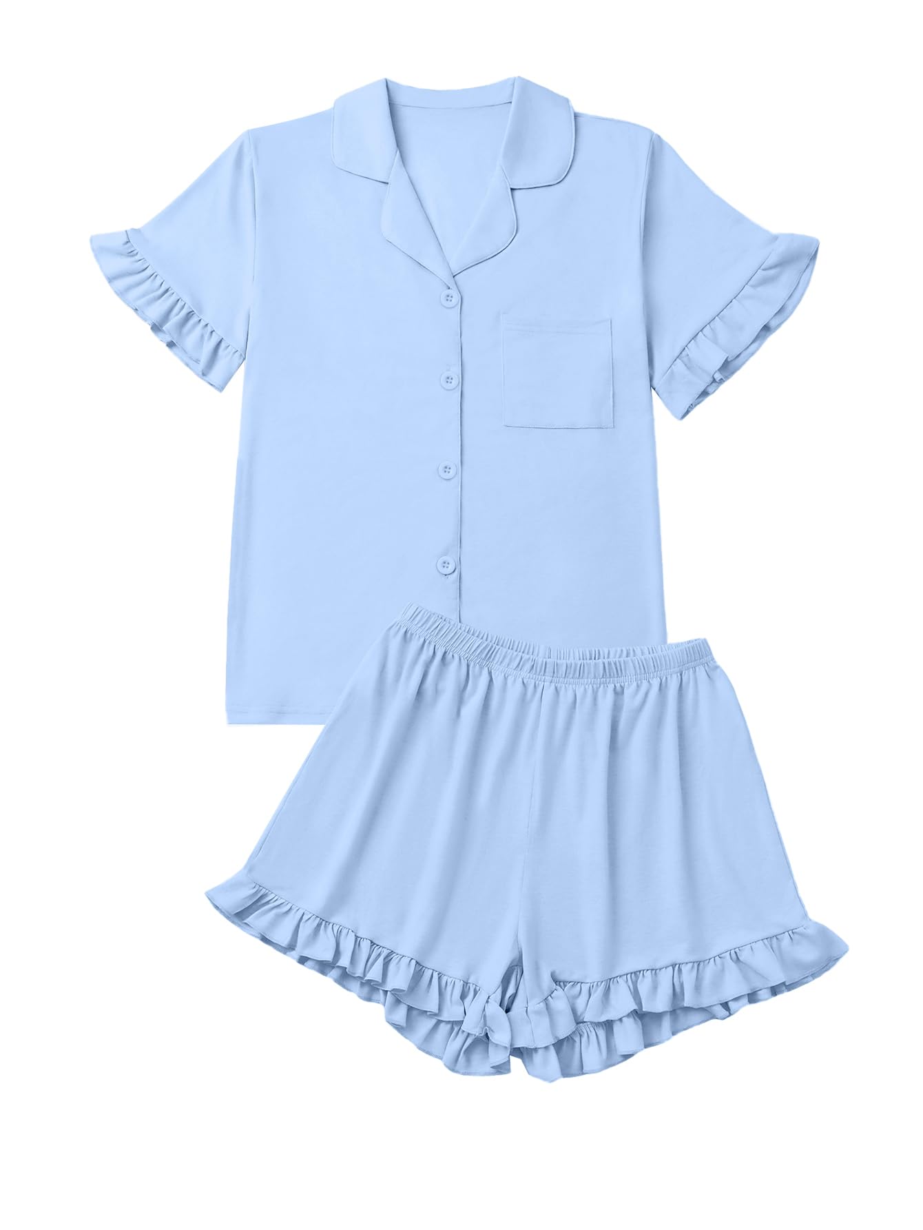 Women's Button Down V Neck Short Sleeve Ruffle Trim Top with Shorts Sleepwear Pajamas Set