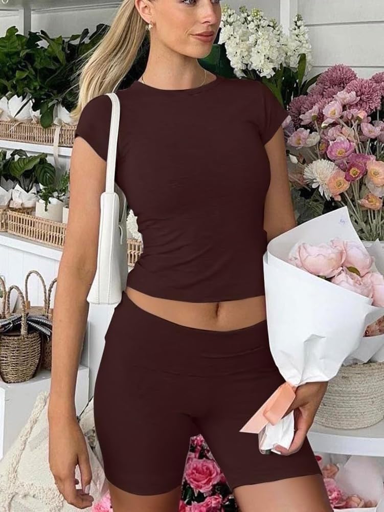 Workout Two Piece Outfits Short Sleeve Crop High Waist Foldover Shorts Tracksuit Sets Streetwear