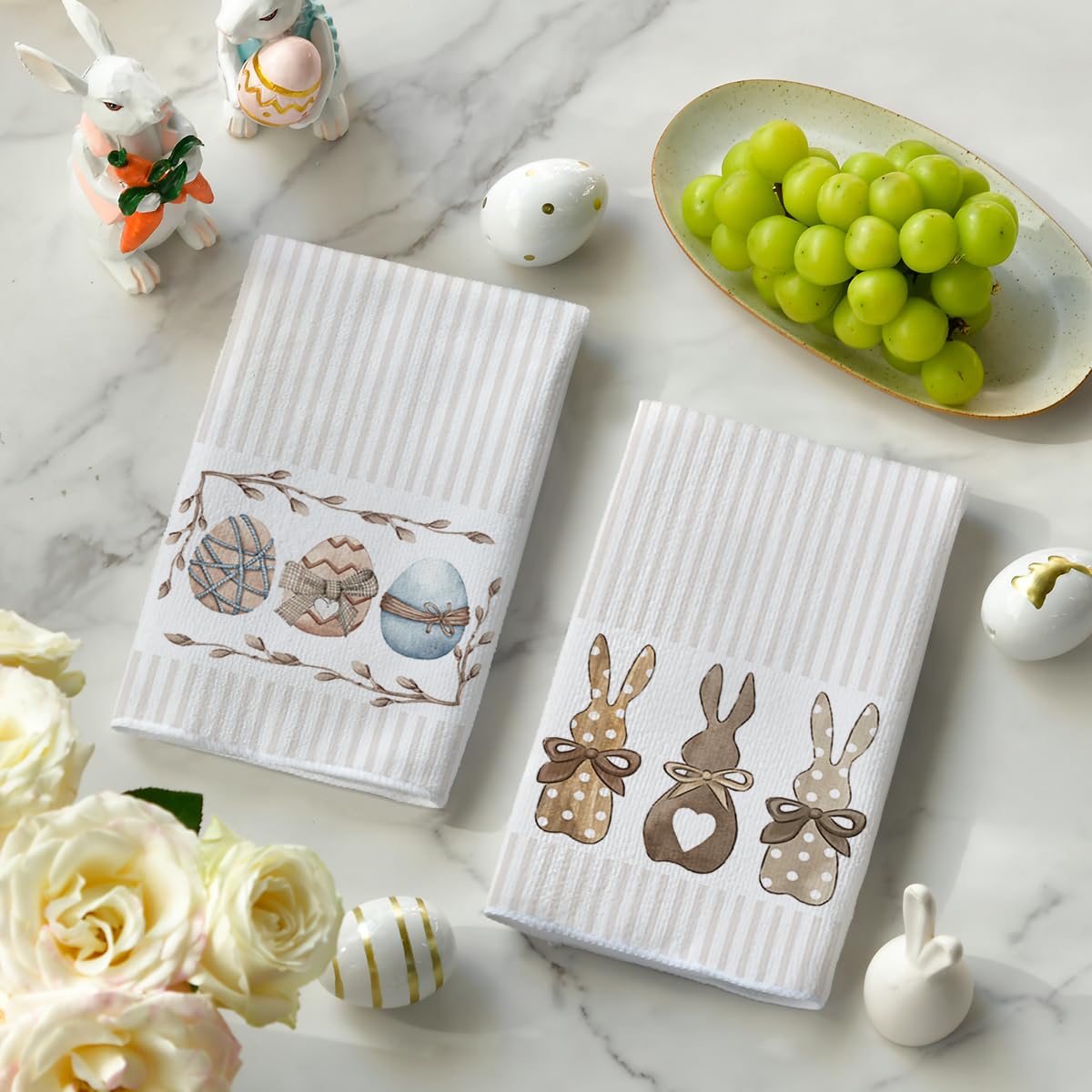 Stripe Rabbit Bunny Eggs Easter Kitchen Towels Dish Towels, Set of 2