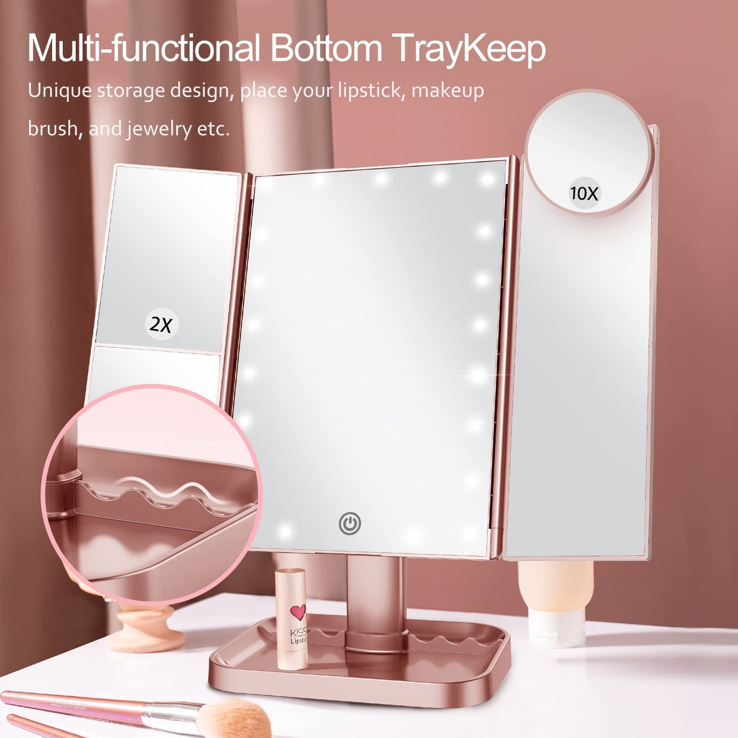 Makeup Mirror Vanity with Lights, 2X 3X 10X Magnification, Lighted Mirror, Touch Control, Trifold Dual Power Supply, Portable LED