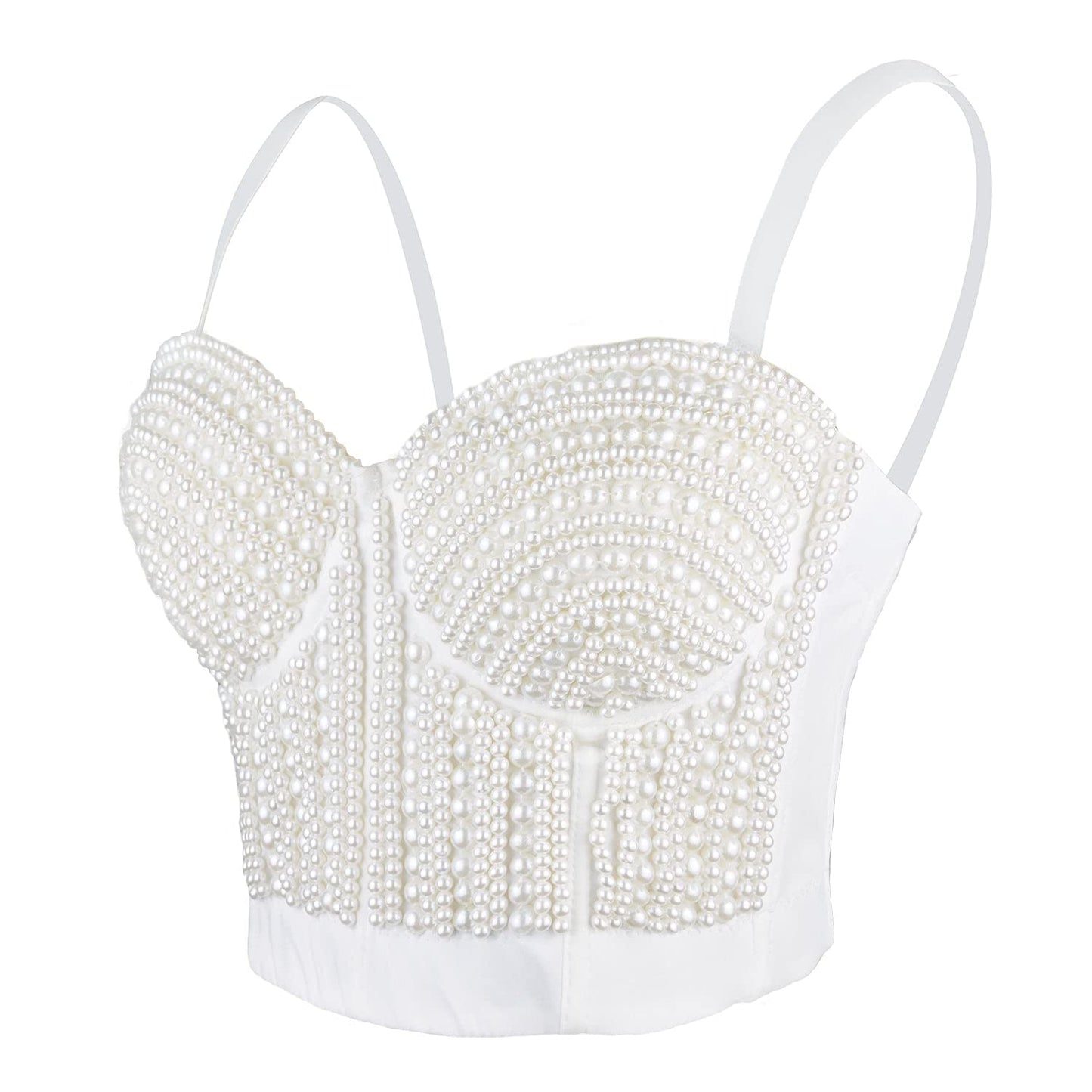 ELLACCI Woment's Pearls Beaded Bustier Crop Top Club Party Sexy Corset Top Bra White