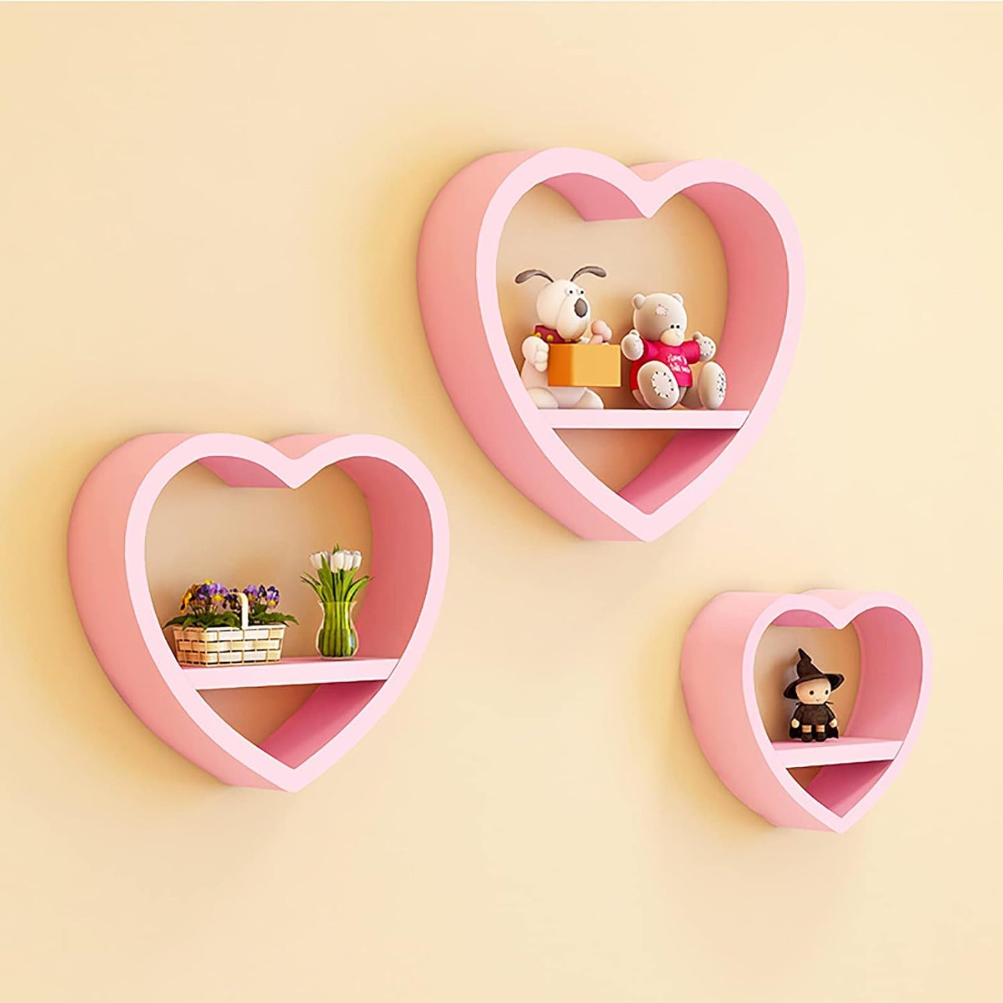 Set of 3 Heart-Shaped Floating Shelves – Kawaii Wood Wall Decor for Bedroom, Bathroom & Living Room