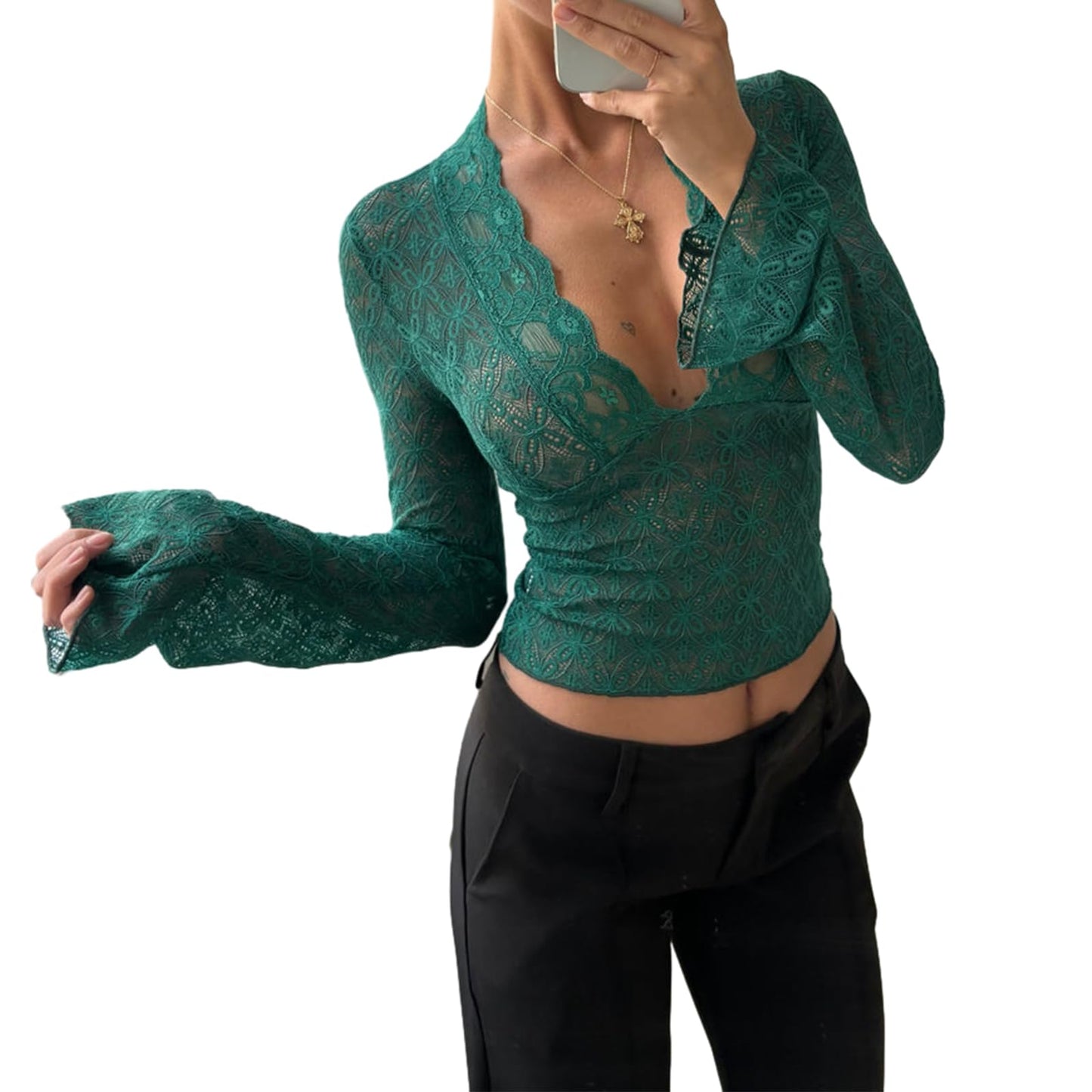 Women Y2k Lace Top Sexy V Neck See Through Tops Floral Mesh Long Sleeve Crop Top