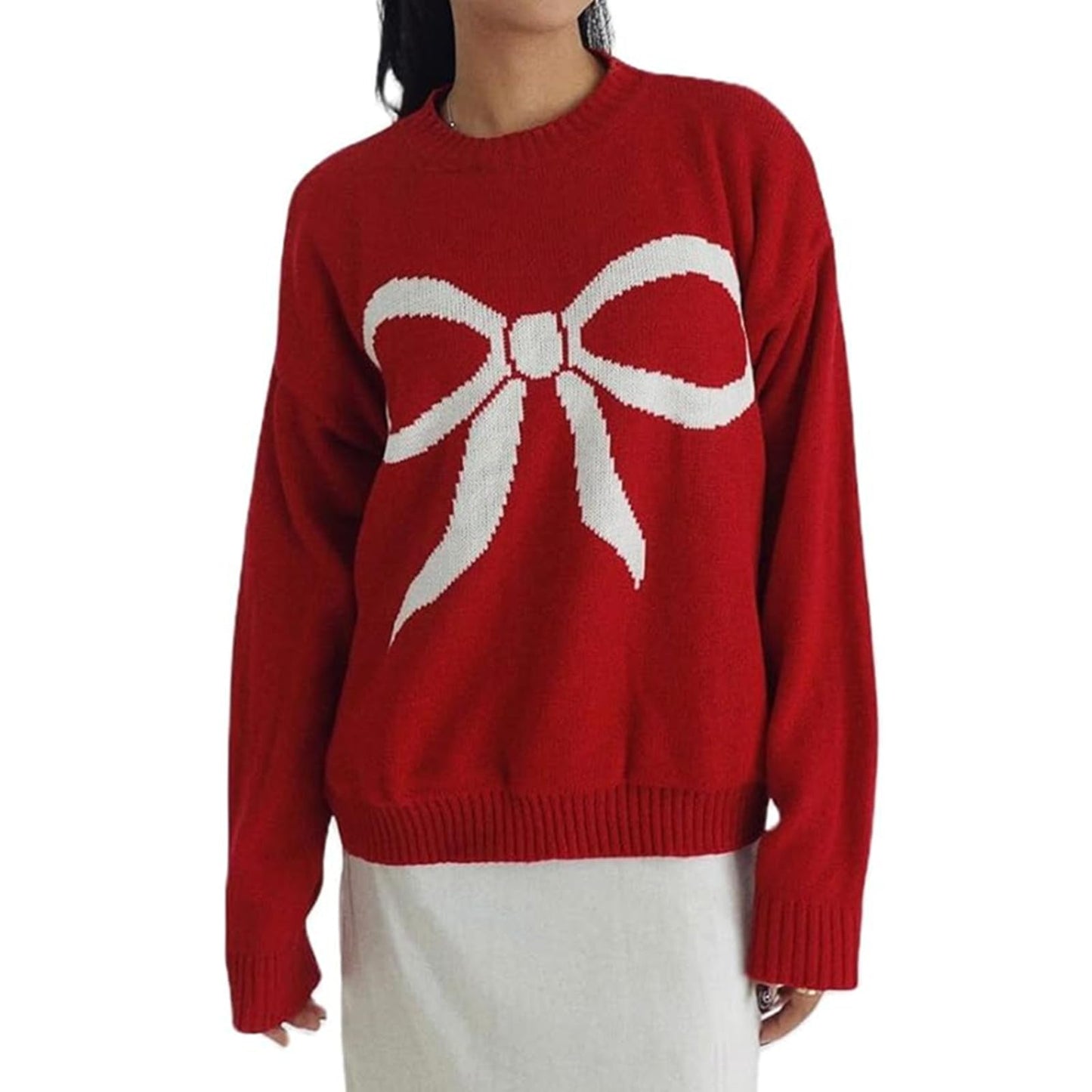 Women Oversized Y2K Fall Sweater Cute Bow Print Long Sleeve Cable Knit Pullover