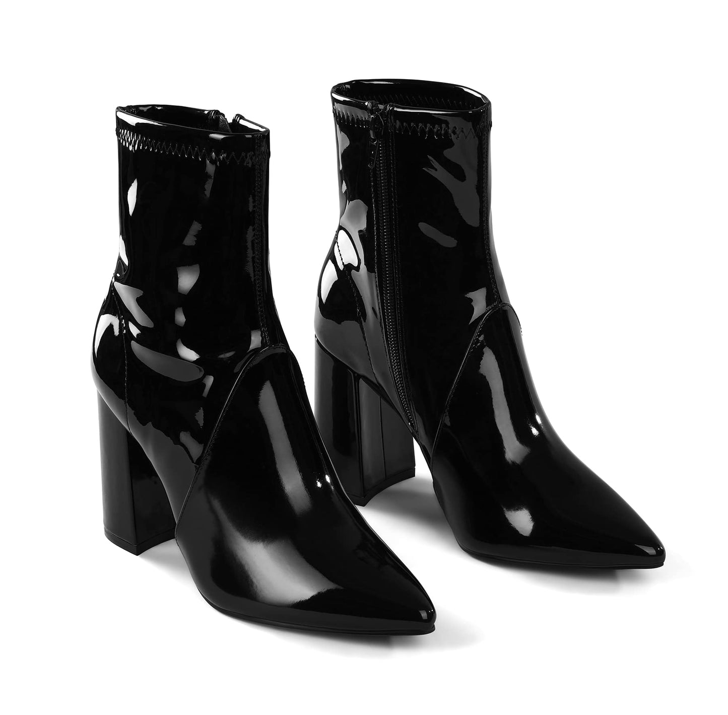 Women's GoGo Boots Mid Calf Block Heel Ankle Boots Pointed Toe Patent Leather Side Zipper Booties