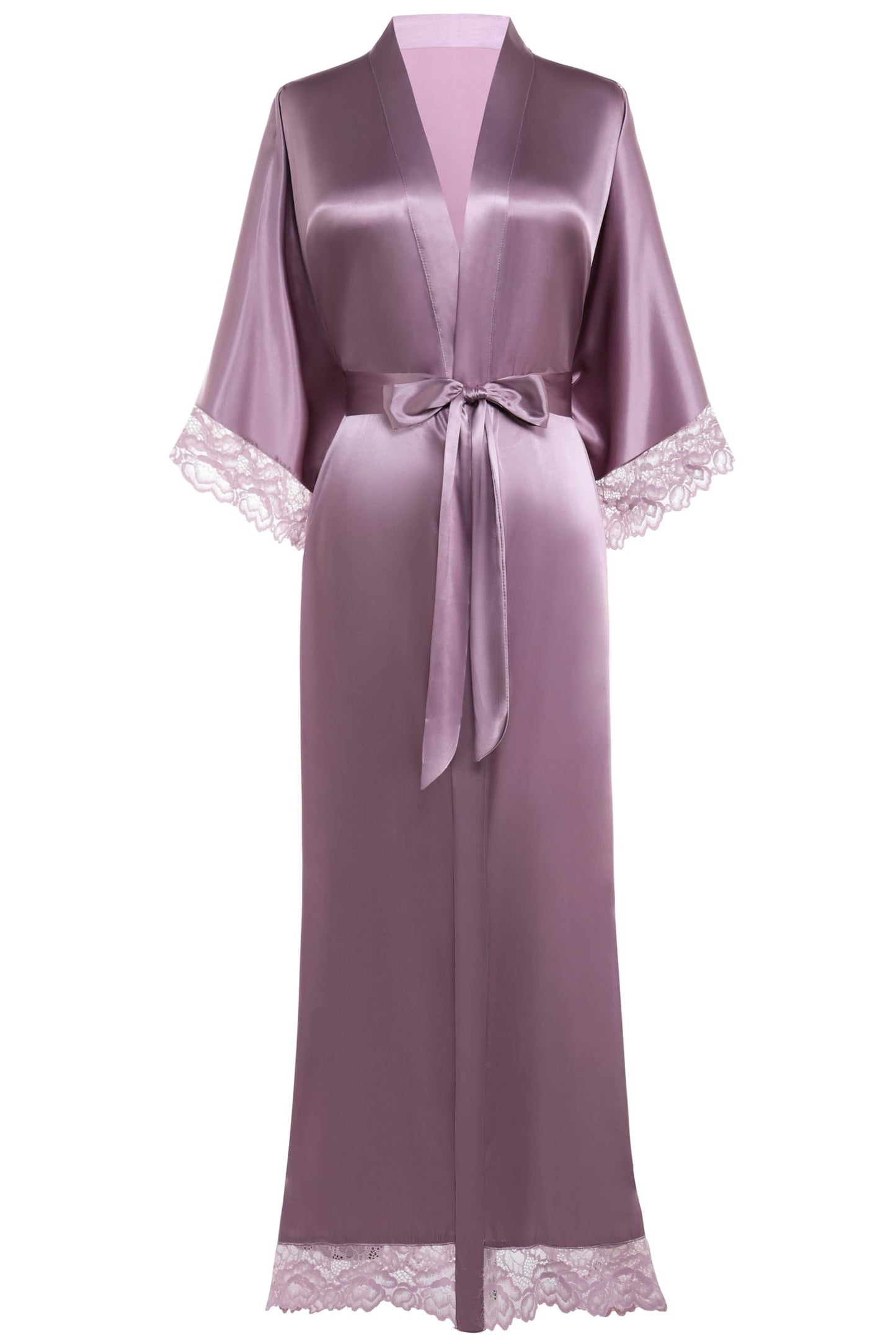 Satin Kimono Robe Silky Long with Lace Trim