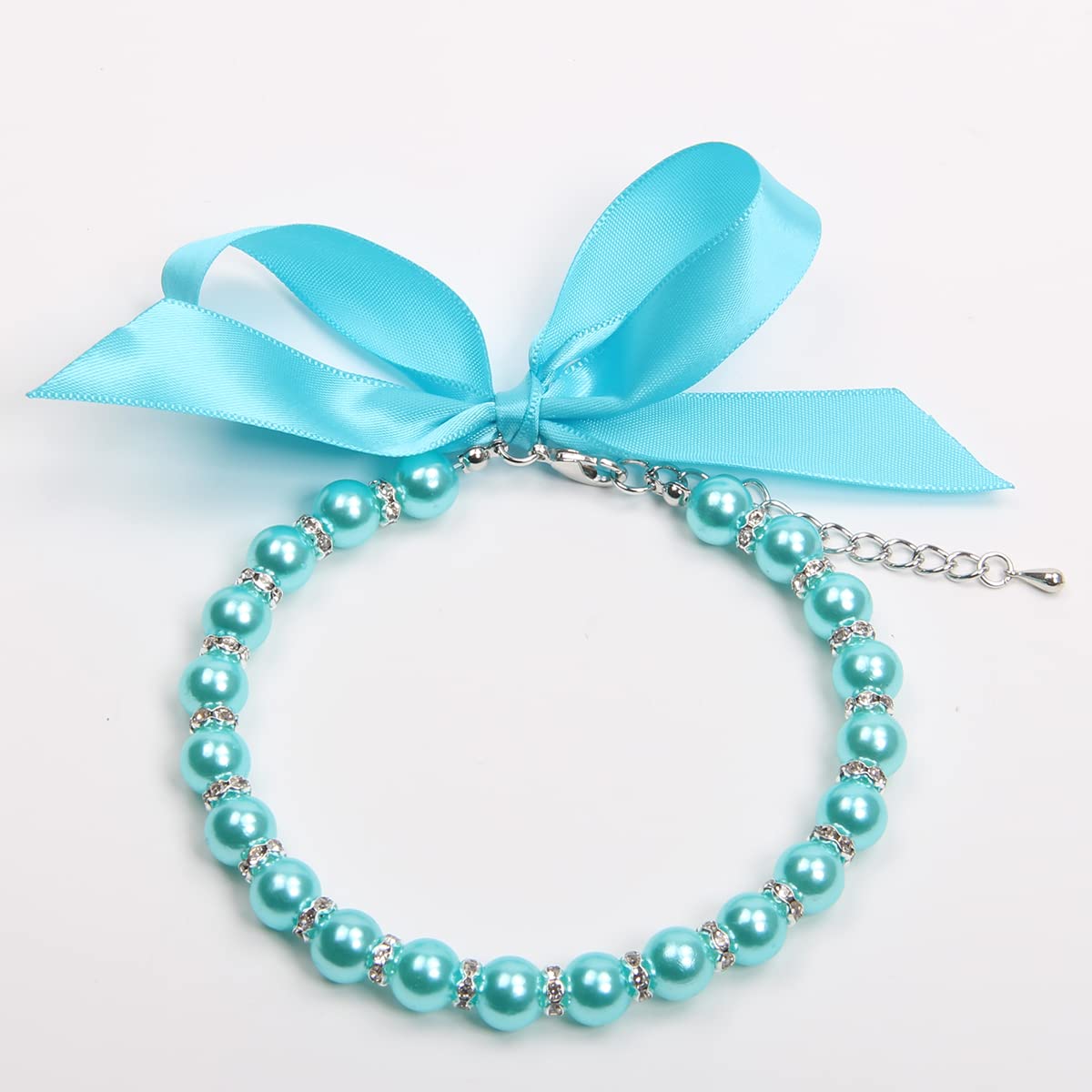 Pearls Necklace Collar with Bling Accessories and Ribbon Bow Pet Jewelry