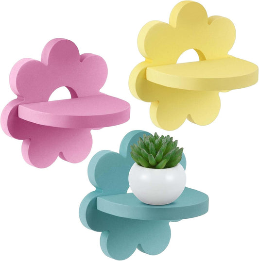 Set of 3 Daisy Flower Floating Shelves – Kawaii Boho Wall Decor for Bedroom, Bathroom, Living Room, and Nursery in Yellow, Pink, and Green