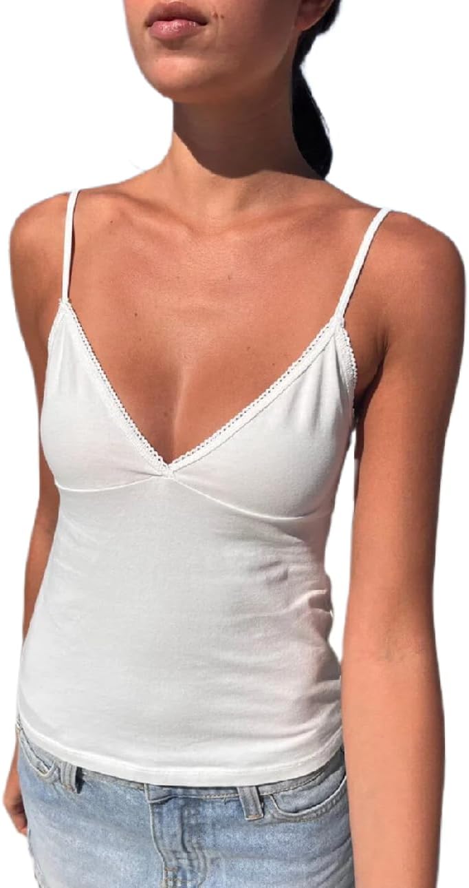 Women Y2k Crop Tank Top Low Cut Sleeveless Cami Top Sexy V Neck Spaghetti Strap Camisoles