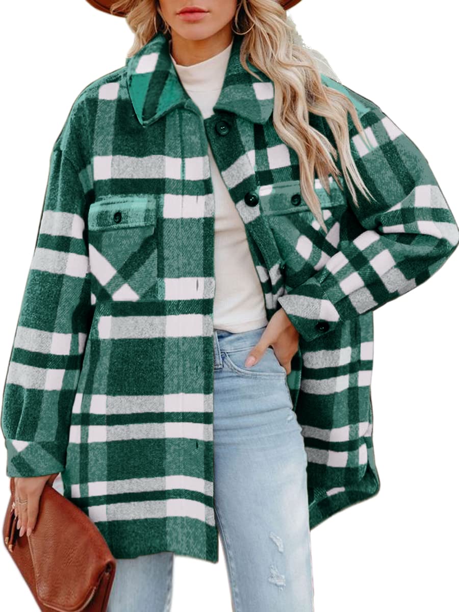 Women's Casual Flannel Plaid Shacket Button Down Long Sleeve Shirt Jacket Coats with Pockets